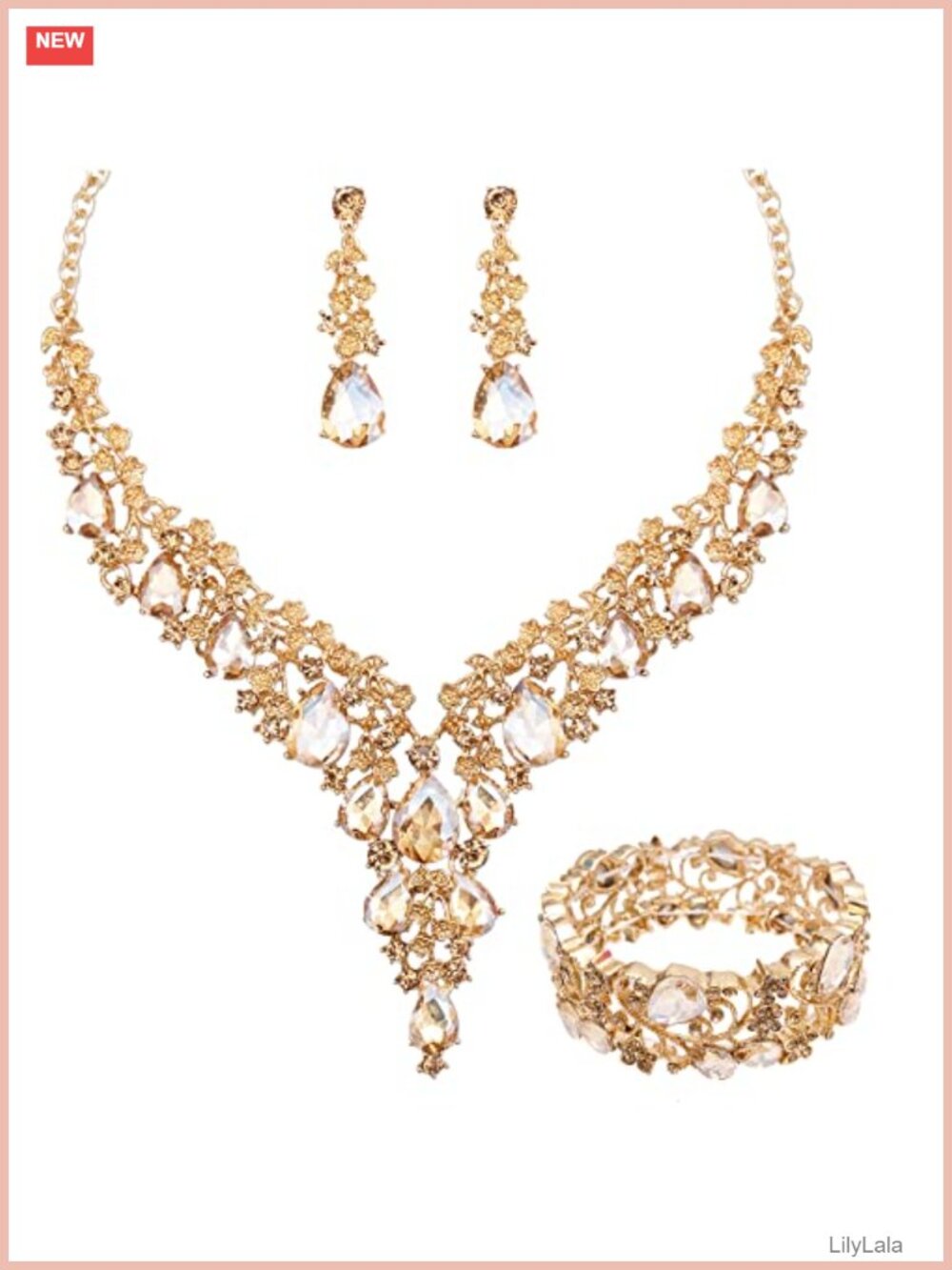 Crystal Rhinestone Flower Jewelry Set Necklace Earrings Bangle Bride Wedding